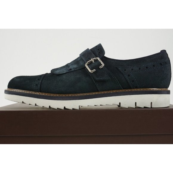 New Thompson Mens US 9 Blue Suede Kilted Almond Cap Toe Single Monk Strap Loafer - Picture 3 of 10